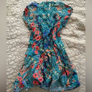 Anthropologie Teal and Orange Floral Dress